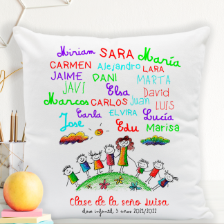 Cojín personalizado para profes "Dibujo maestra con nombres"