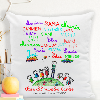 Cojín personalizado para profes "Dibujo maestro con nombres"