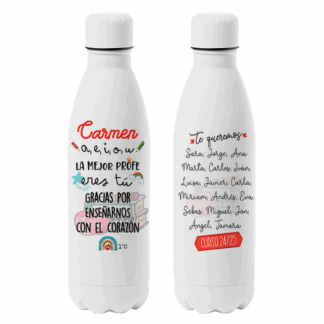 Botella personalizada "a, e, i, o, u, la mejor profe eres tú"