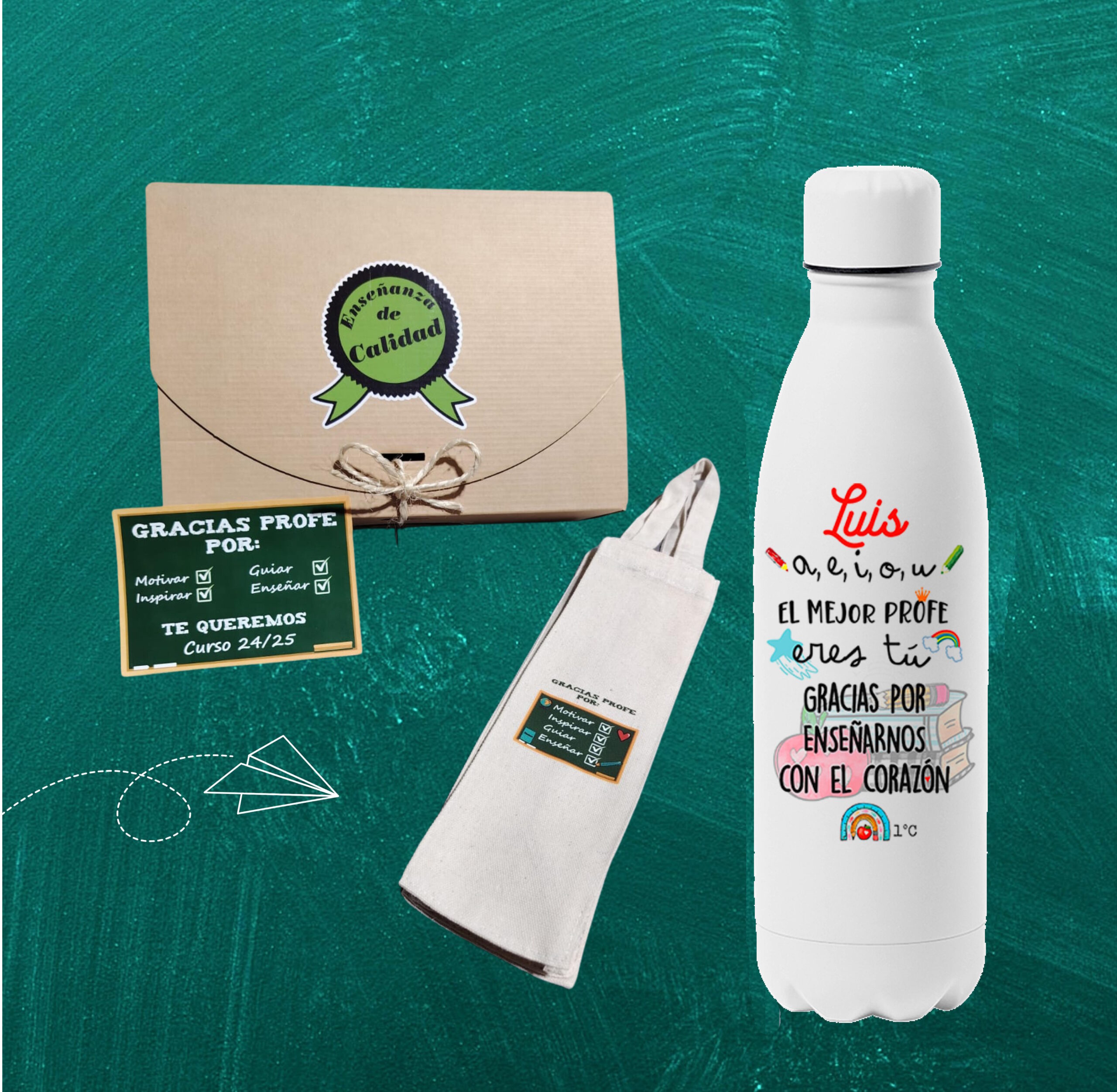 Botella personalizada "a, e, i, o, u, el mejor profe eres tú" - Imagen 2