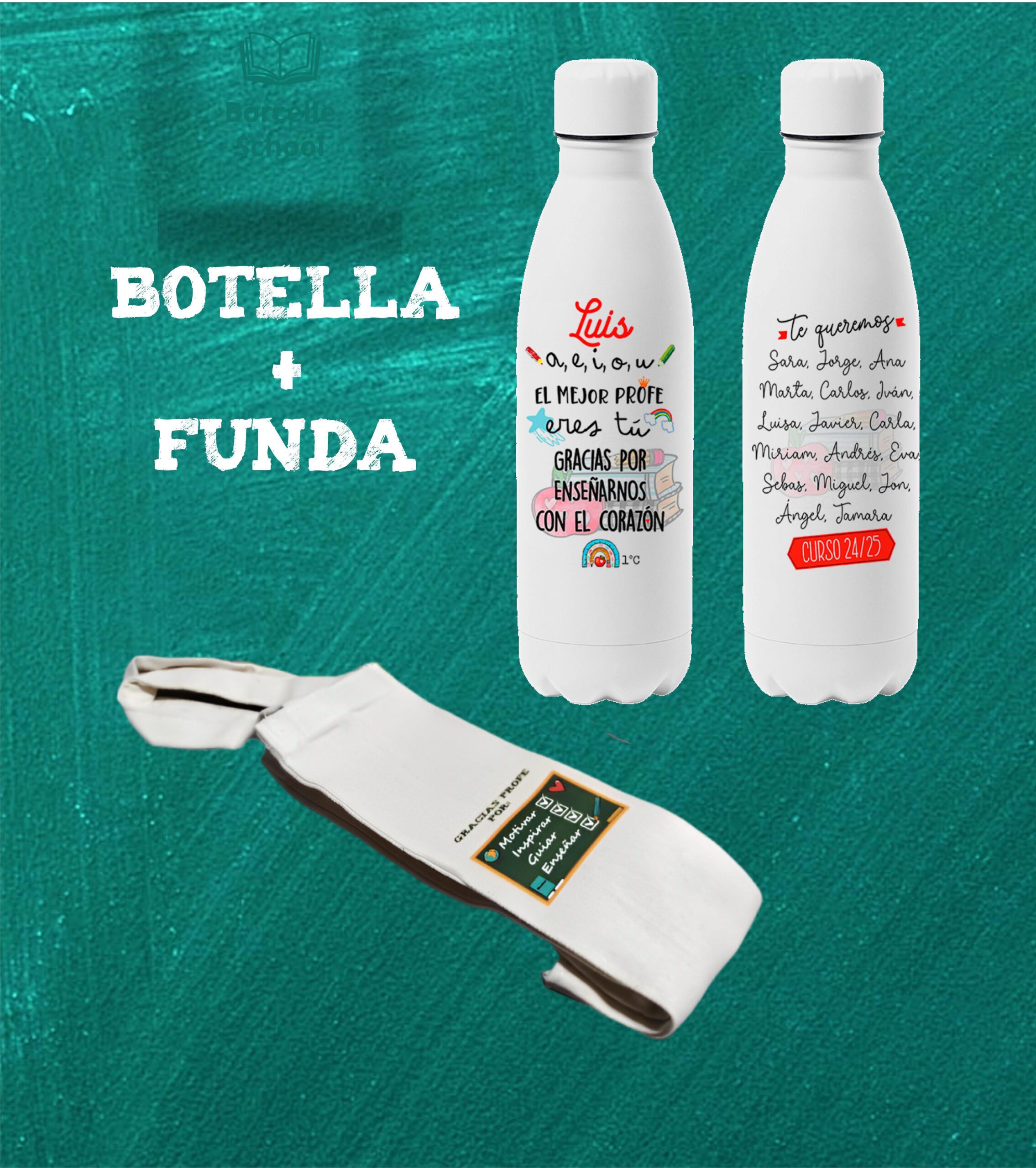 Botella personalizada "a, e, i, o, u, el mejor profe eres tú" - Imagen 3